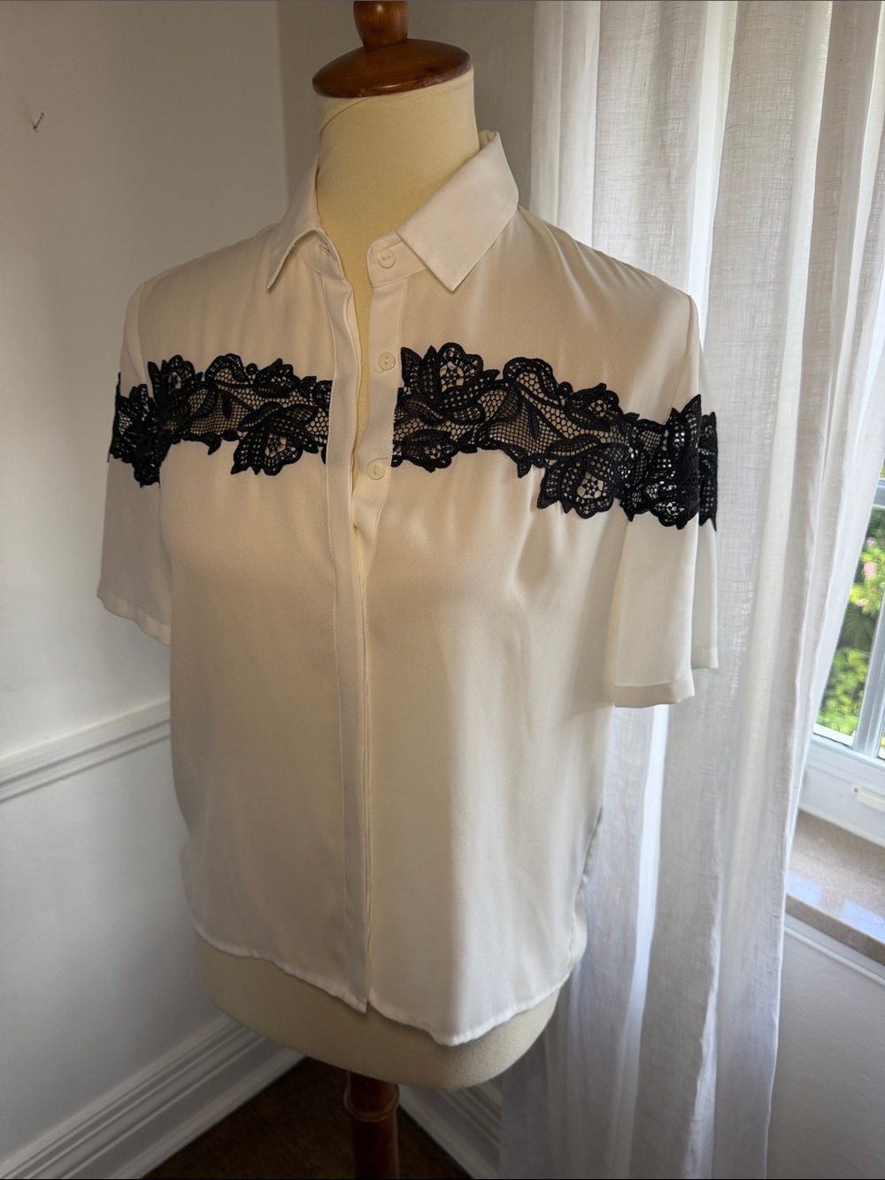 The Kooples Short-Sleeve Button Front Top with Black Lace Trim